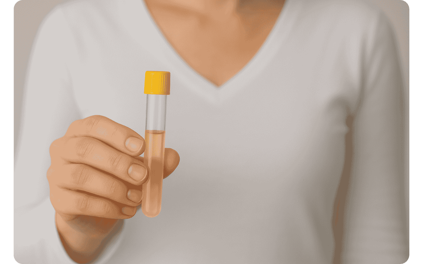 Ruka drží zkumavku s první ranní močí určenou pro test STD.